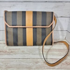 FENDI VTG 80s Pequin Stripe Cognac Saddle Flap Shoulder Bag Convertible Clutch